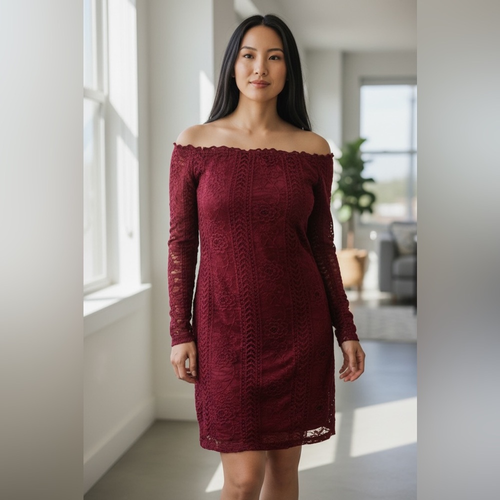 Rue 21 Elegant Burgundy Lace Off-Shoulder Dress